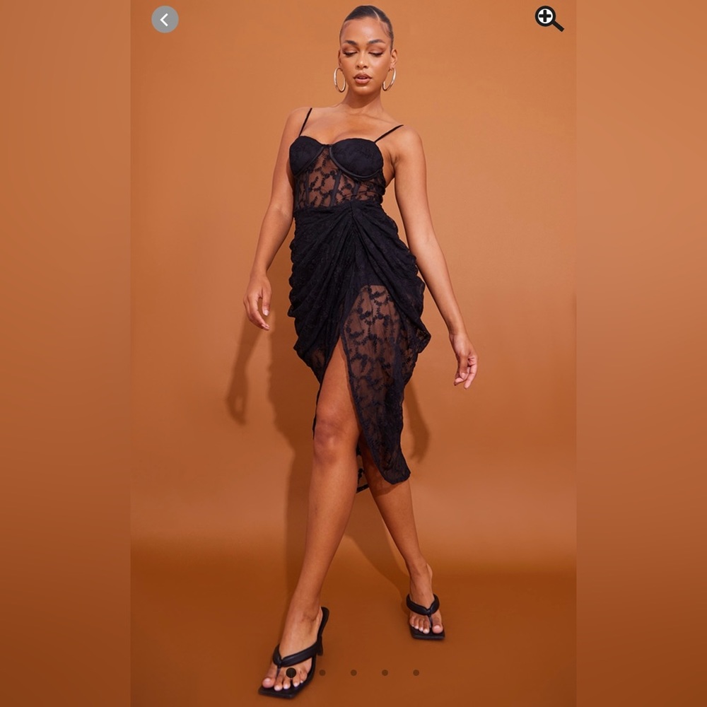 Black Lace Strappu Cup Detail Draped Midi Dress